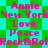 Pixelated text in pink and cyan on a green and cyan checkered background with star shapes.