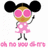 Pixelated character with large black mouse ears, pink sunglasses, and a pink polka-dot dress waving one arm.