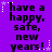 Purple background with black pixelated text reading 'have a happy, safe, new years!' repeated in six positions surrounded by white and purple star-shaped pixels