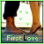 A 4-frame animated contact sheet showing a couple's legs in black pants and bare feet with green heart symbols floating above, each frame displaying different heart positions and the text "First Love" at the bottom.