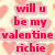 Pixelated red text on a light pink background with blurred heart shapes, reading "will u be my valentine richie" in four lines.