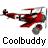 A 3x3 contact sheet of eight animated frames showing a red biplane icon with gray propeller and landing gear, each frame labeled "Coolbuddy" below it.