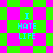 A static digital image with four identical text blocks on a checkered background of bright green and pink squares.