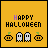 Yellow square icon with 'HAPPY HALLOWEEN' text and three pumpkin-ghost icons, animated color changes in the word 'HAPPY'.