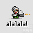 Pixel art character in green outfit fires weapon with orange muzzle flash, text 'alalala!' below, repeated across three
