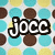 Pixelated text 'joce' in white with black outline on a polka-dot background of brown, cyan, and yellow circles.