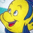Yellow cartoon fish with blue fins and tail, smiling with open mouth, red tongue, and blue eyes, set against a black background with pink pixelated text.