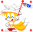 Pixelated cartoon fox with yellow fur, blue eyes, and red nose holding a red-tipped staff with blue tip, surrounded by four small red squares on white background.