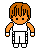 Pixel art character in white karate uniform with brown hair, shown from multiple angles and poses including front, side, back views with raised arms, fists clenched, and one hand on hip.