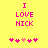 Yellow background with pink text reading 'I LOVE NICK' and five heart symbols below, where the third heart is lighter in color.