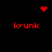 Red pixelated text 'krunck' appears in four quadrants around a central cluster of red dots, with a heart shape at the top center on black background.