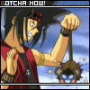 Animated sequence of a character in red attire holding a spiked weapon, with text above changing between 'GOTCHA NOW!' and 'GOTCHA HOW!'
