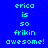 Pixelated text 'erica is so frikin awesome!' displayed in cyan on blue and black backgrounds with slight color variations.