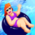 A woman with orange hair and sunglasses floats on a dark blue inner tube in blue water, wearing a purple bikini top and bottom, with her right arm raised in a wave.
