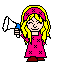 Pixel art character with yellow hair and pink headband holding white megaphone, wearing pink dress with X patterns on gray background.