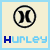 six pixelated icons featuring a circular logo with two black curved shapes inside, each icon displaying the word "HURLEY" in blue and light blue lettering below