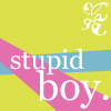 Yellow background with diagonal pink and blue stripes, white text reading 'stupid boy.', and a white floral design in the top-right corner.