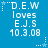 Blue background with white pixelated text reading 'D.E.W loves E.J.S 10.3.08' and small star symbols, displayed in a of six identical