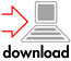 Two identical pixelated icons side-by-side showing a gray computer monitor with a red arrow pointing right, below which is the word 'download' in black pixelated text.