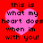 Red background with four pink heart shapes containing black pixelated text reading 'this is what my heart does when im with you!' arranged in a