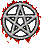 Pixelated circular icon with a pentagram symbol surrounded by red flame-like pixels on gray background.