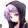 Anime-style character with lavender hair and purple eyes in a black hooded cloak with gold trim, shown in multiple static poses with subtle facial expression variations.