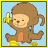 Pixelated monkey holding banana, seated on yellow coins against light blue background with yellow border.