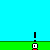 Pixelated cartoon character with white head and pink body moves across blue background with green ground, accompanied by text and particle effects.