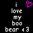 Pixelated text reads 'i love my boo bear <3' with a pink heart symbol above the text on a black background.