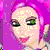 Pixelated avatar with pink hair and green eyes shows three sequential expressions: smiling, neutral, and closed-eye smile against a solid purple background.