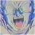 Pixelated static image of a character with blue hair, pink mouth area, and dark facial features against light background.