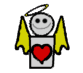 Pixelated angel figure with yellow wings, white halo, red heart on chest, and smiling face in four variations.