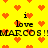 Yellow background with orange pixel hearts and repeated text "i love MARCOS! MARCOS!" in black pixelated font.