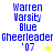 Blue text displays 'Warren Varsity Blue Cheerleader '07' with yellow symbols beneath, arranged in a of three and three on a white background