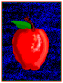 Red apple with green leaf on dark blue background, animated sequence showing progressive white pixel damage