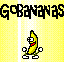 Pixelated banana character with red mouth and white eyes stands on yellow background beneath bold black text reading 'GoBananas'