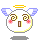 Pixelated angel icon with yellow halo, blue wings, and pink cheeks in four variations showing mouth and eye changes.