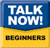 Blue and yellow pixelated icon with 'TALK NOW!' text above 'BEGINNERS' text in black on yellow background.