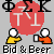 pixelated icons featuring two figures in yellow and orange clothing holding green bottles under a red circular logo with white 'T' and 'L' letters, some displaying 'Bid & Beer' text