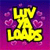 Pixelated yellow text 'UW' above 'LOVE' on a purple-to-pink gradient background with pink heart shapes.