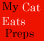 Red background with pixelated black cat and text reading 'My Cat Eats Preps' in mixed brown and white fonts.