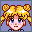 Pixelated cartoon character with blonde pigtails and white star accessories, light blue background.