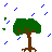 Pixelated green trees with brown trunks on gray background, blue rain-like lines, red text reading "VA owned Isabel" in multiple positions.