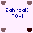 Pixelated icon with blue text 'Zahraak ROX!' and brown/purple hearts on light purple background, showing two heart color variations.