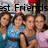 Four people pose together under 'Best Friends' text with a pixelated background and visible finger in foreground.
