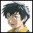 Pixelated anime-style character with dark tousled hair and light blue eyes, wearing a yellow and blue outfit against a white background.