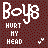 Pixelated text 'Boys HURT MY HEAD' on maroon background with animated heart symbols changing position.