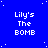 Blue background with white pixelated text 'Lily's The BOMB' repeated in a pattern, scattered white dots resembling stars, and a solid gray rectangle in the bottom-right corner