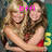 Two women embrace in a close-up pose; one wears a red top, the other a dark top, with pink text 'bff' overlaid on the image.