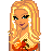 Pixel art contact sheet showing a blonde female character in multiple views with text overlays, including full-body and close-up poses.